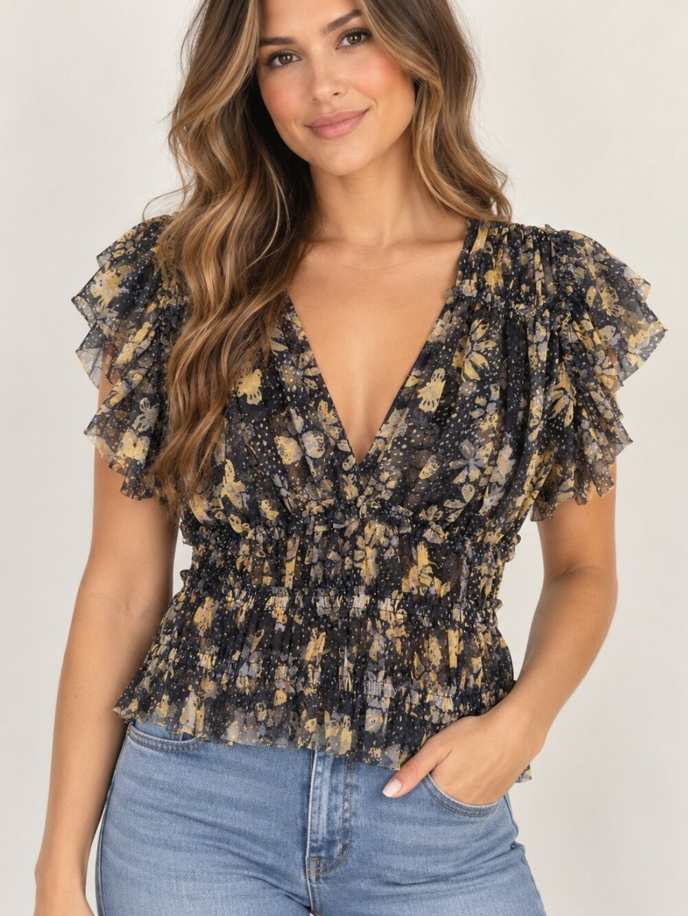 Free People Floral Sheer Ruffle Top